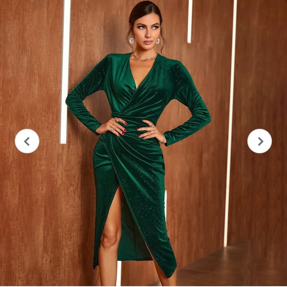 Dark Green Glitter Velvet Dress with Slit